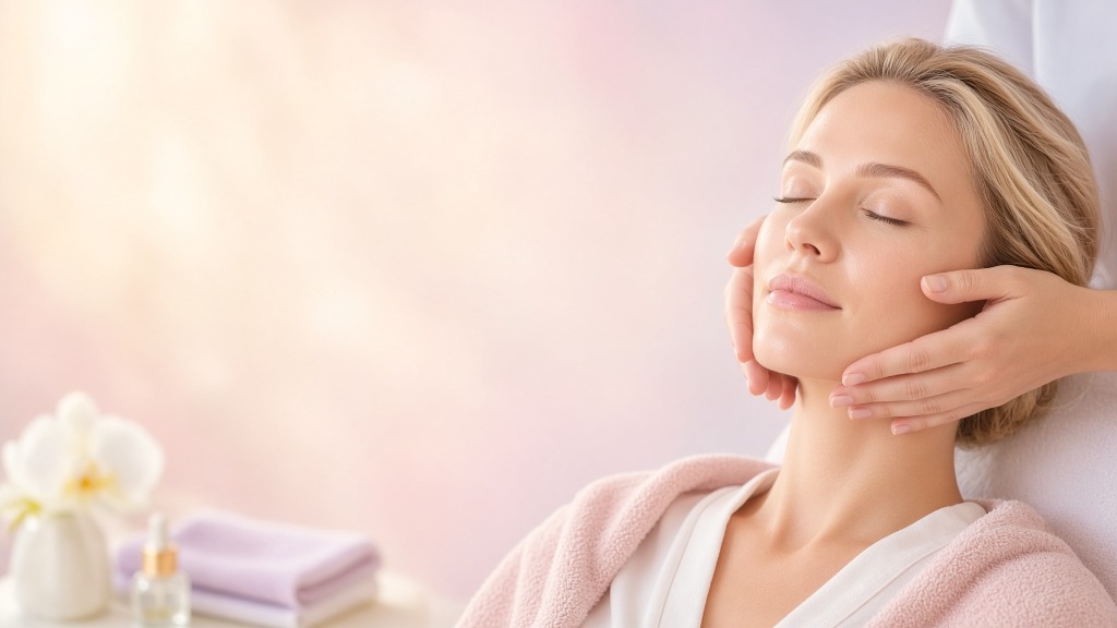 Relaxing facial massage treatment with soothing warm light